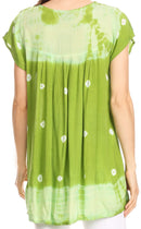 Sakkas Short Sleeve Tie Dye Gingham Peasant Top with Sequin Embroidery
