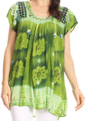 Sakkas Short Sleeve Tie Dye Gingham Peasant Top with Sequin Embroidery#color_Green