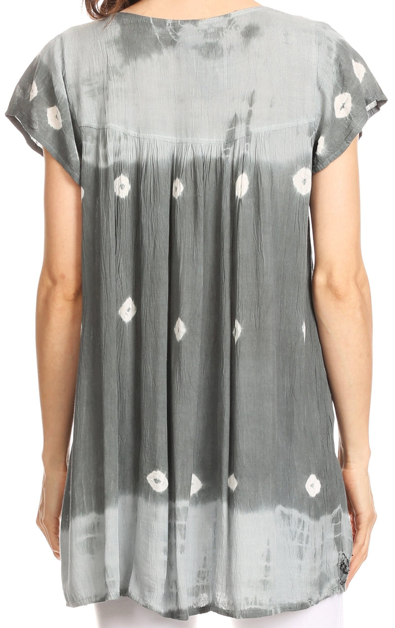 Sakkas Short Sleeve Tie Dye Gingham Peasant Top with Sequin Embroidery