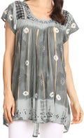 Sakkas Short Sleeve Tie Dye Gingham Peasant Top with Sequin Embroidery#color_Grey