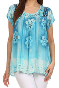 Sakkas Short Sleeve Tie Dye Gingham Peasant Top with Sequin Embroidery#color_Light Blue
