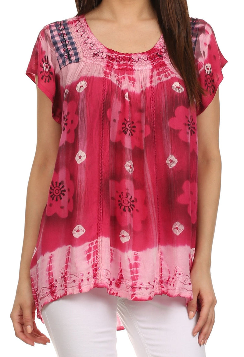 Sakkas Short Sleeve Tie Dye Gingham Peasant Top with Sequin Embroidery