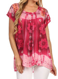 Sakkas Short Sleeve Tie Dye Gingham Peasant Top with Sequin Embroidery#color_Pink Brown