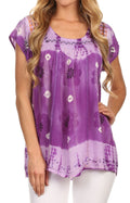 Sakkas Short Sleeve Tie Dye Gingham Peasant Top with Sequin Embroidery#color_Purple Brown