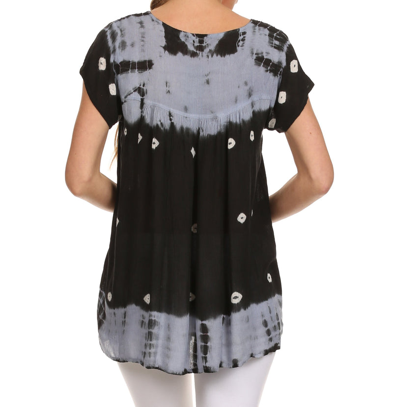 Sakkas Short Sleeve Tie Dye Gingham Peasant Top with Sequin Embroidery