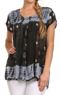 Sakkas Short Sleeve Tie Dye Gingham Peasant Top with Sequin Embroidery#color_Steel Blue