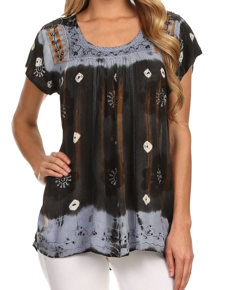 Sakkas Short Sleeve Tie Dye Gingham Peasant Top with Sequin Embroidery