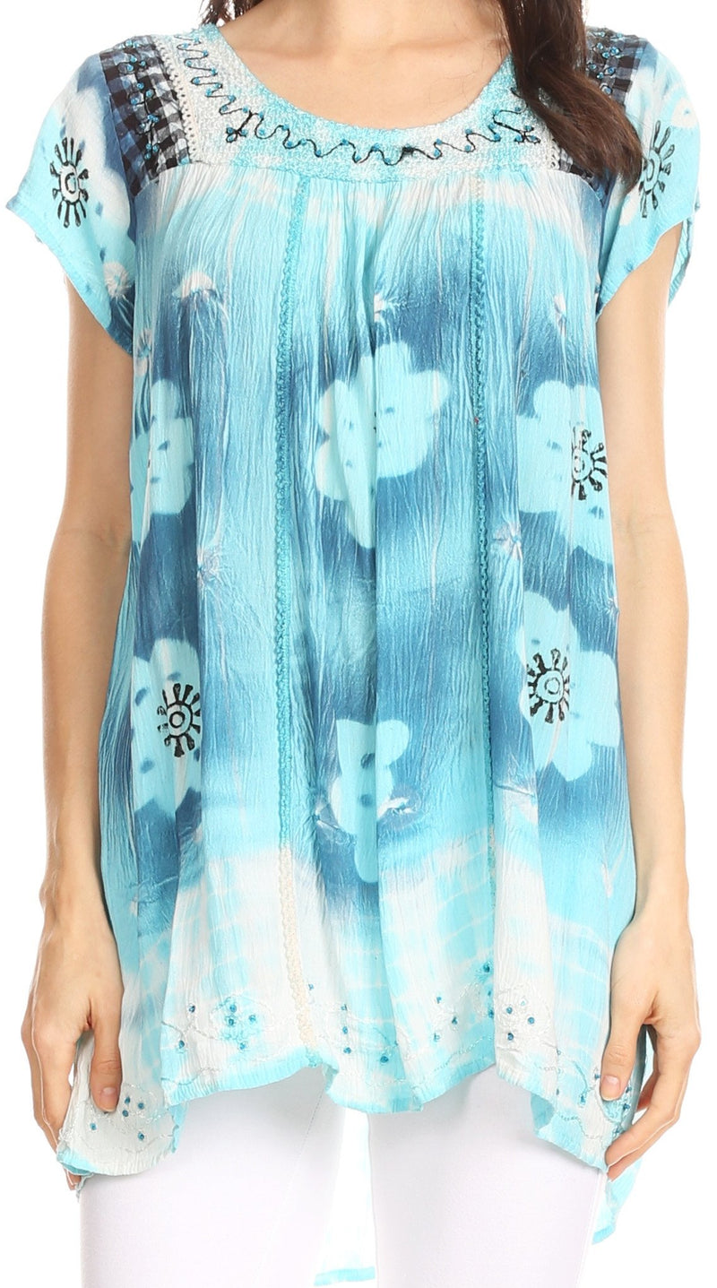 Sakkas Short Sleeve Tie Dye Gingham Peasant Top with Sequin Embroidery