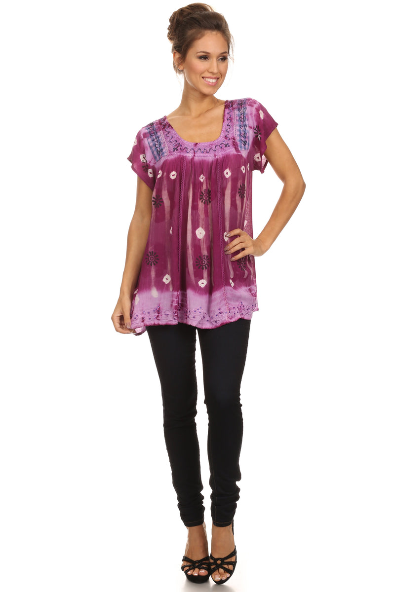 Sakkas Short Sleeve Tie Dye Gingham Peasant Top with Sequin Embroidery