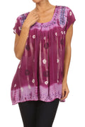 Sakkas Short Sleeve Tie Dye Gingham Peasant Top with Sequin Embroidery#color_Violet