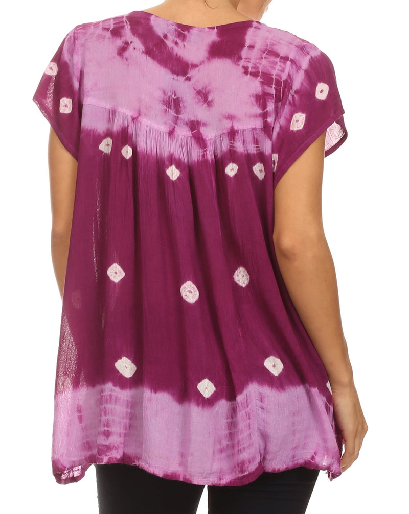 Sakkas Short Sleeve Tie Dye Gingham Peasant Top with Sequin Embroidery