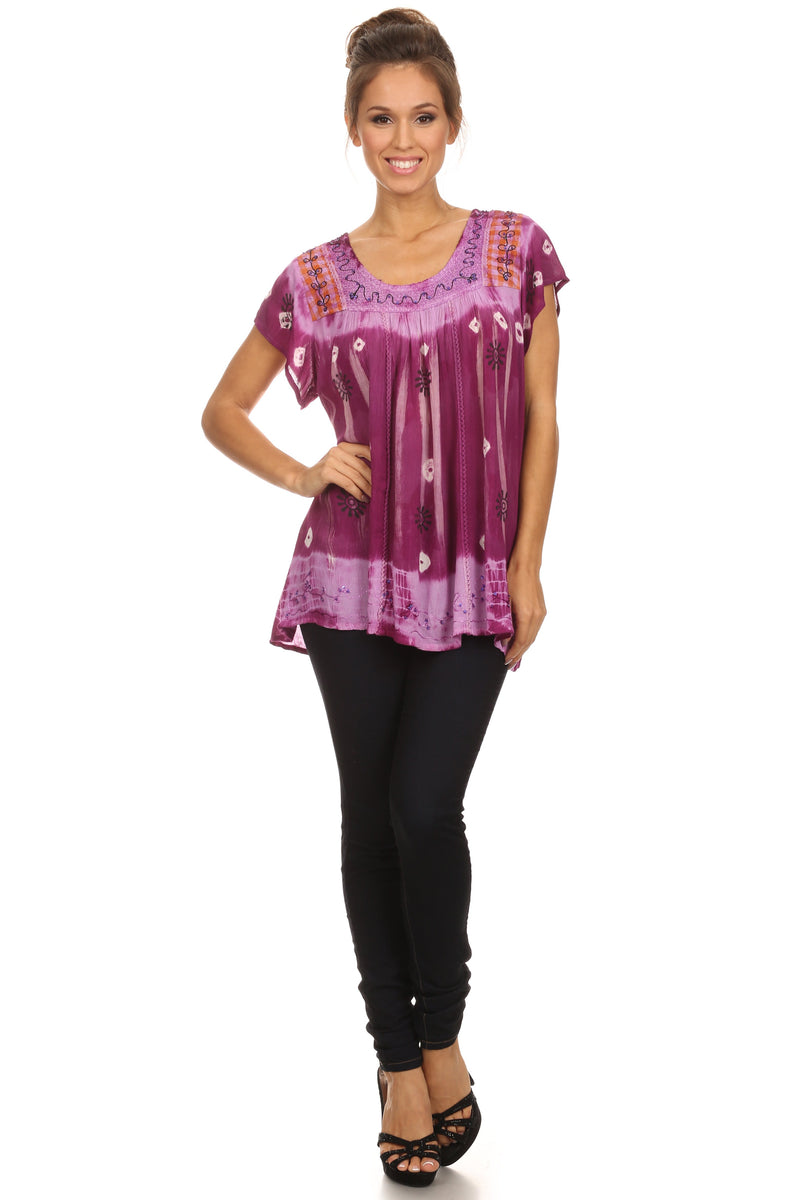 Sakkas Short Sleeve Tie Dye Gingham Peasant Top with Sequin Embroidery