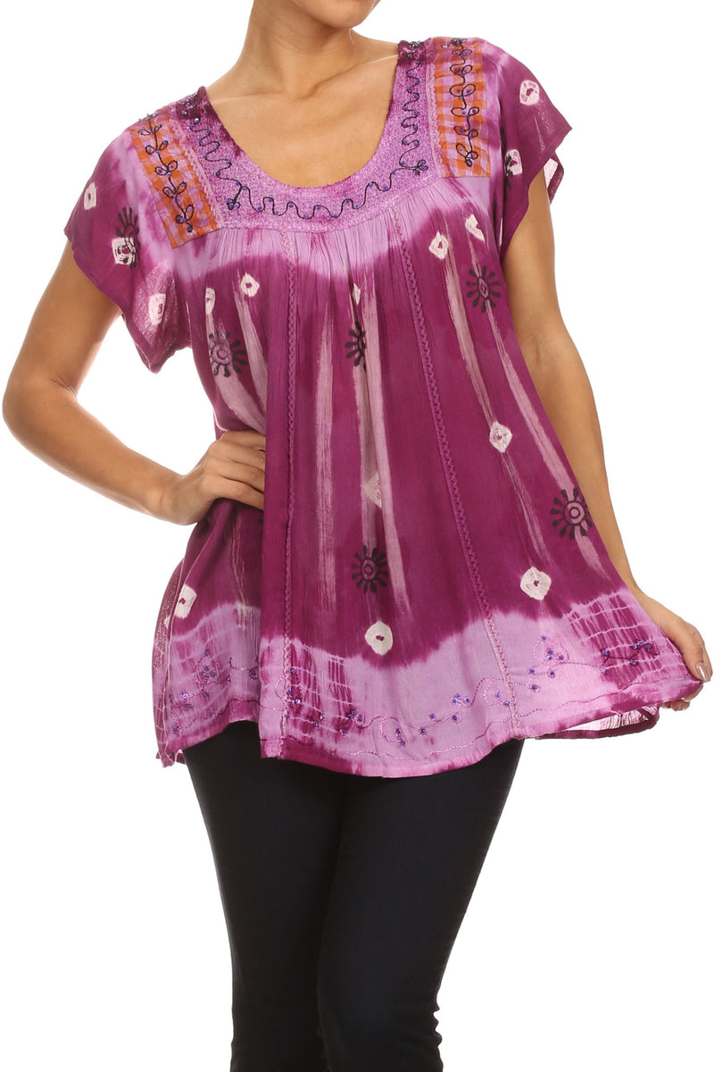 Sakkas Short Sleeve Tie Dye Gingham Peasant Top with Sequin Embroidery