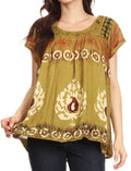 Sakkas Nefeli Short Sleeve Petite Slim Top Blouse with Embroidery and Print#color_Avocado