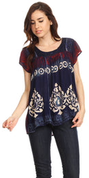 Sakkas Nefeli Short Sleeve Petite Slim Top Blouse with Embroidery and Print