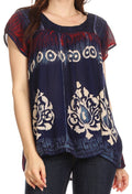 Sakkas Nefeli Short Sleeve Petite Slim Top Blouse with Embroidery and Print#color_Navy