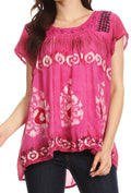 Sakkas Nefeli Short Sleeve Petite Slim Top Blouse with Embroidery and Print#color_Pink