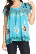 Sakkas Nefeli Short Sleeve Petite Slim Top Blouse with Embroidery and Print#color_Teal