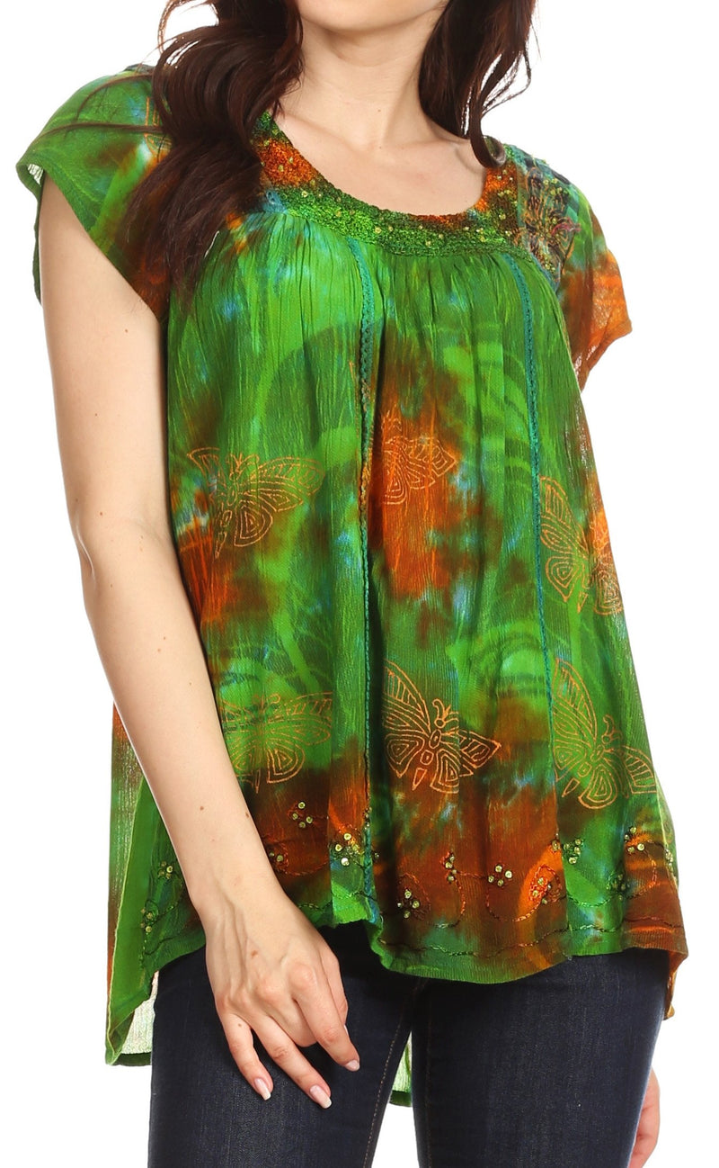 Sakkas Olga Petite Slim Colorful Tie-Dye Short Sleeve Top Blouse with Embroidery