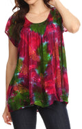 Sakkas Olga Petite Slim Colorful Tie-Dye Short Sleeve Top Blouse with Embroidery #color_Raspberry-Green 