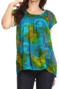 Sakkas Olga Petite Slim Colorful Tie-Dye Short Sleeve Top Blouse with Embroidery #color_Turq / Green 