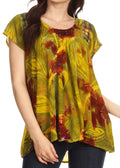 Sakkas Olga Petite Slim Colorful Tie-Dye Short Sleeve Top Blouse with Embroidery #color_Yellow-Brown 