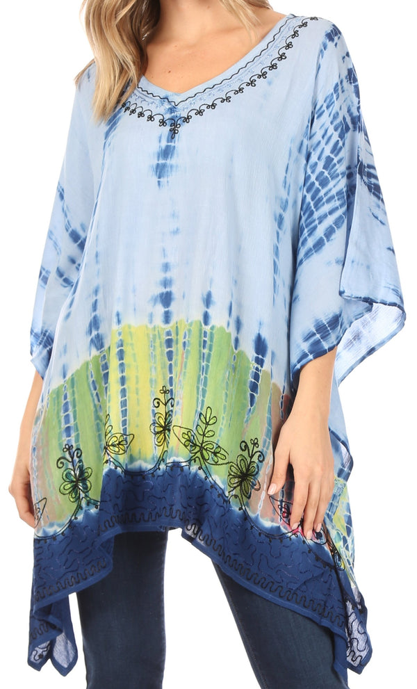 Sakkas Eliana Wide Long Tall Embroidered Tie Dye Ombre Batik Poncho Top Blouse#color_Blue