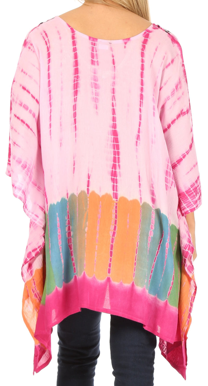 Sakkas Eliana Wide Long Tall Embroidered Tie Dye Ombre Batik Poncho Top Blouse