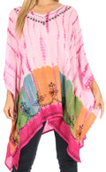 Sakkas Eliana Wide Long Tall Embroidered Tie Dye Ombre Batik Poncho Top Blouse#color_Fuchsia