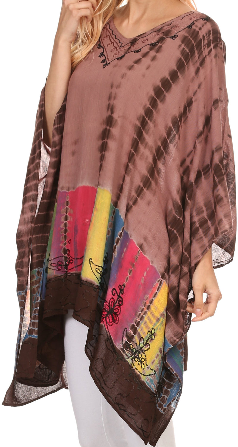 Sakkas Eliana Wide Long Tall Embroidered Tie Dye Ombre Batik Poncho Top Blouse