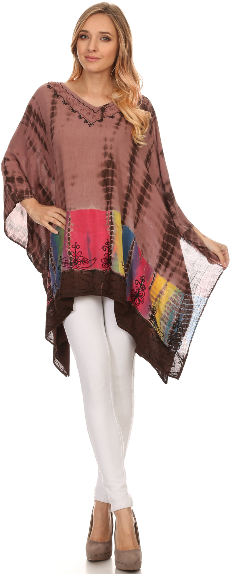 Sakkas Eliana Wide Long Tall Embroidered Tie Dye Ombre Batik Poncho Top Blouse