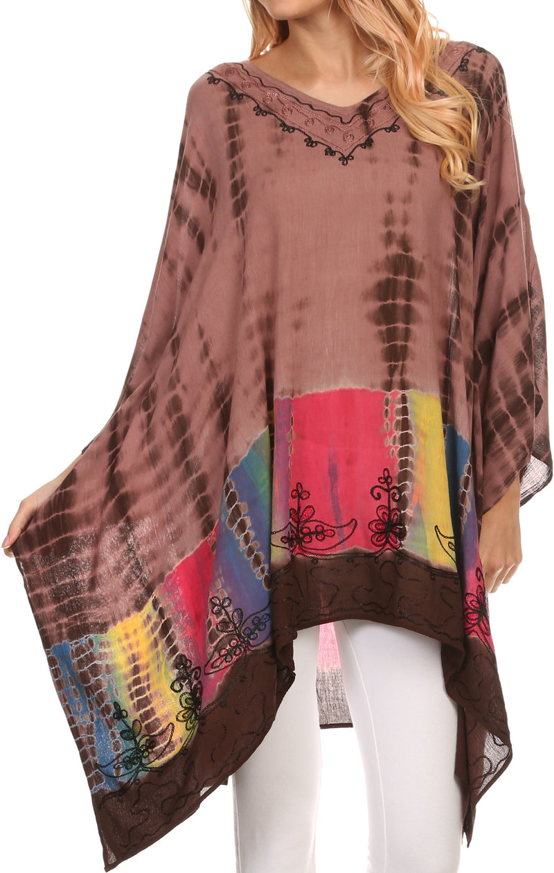 Sakkas Eliana Wide Long Tall Embroidered Tie Dye Ombre Batik Poncho Top Blouse