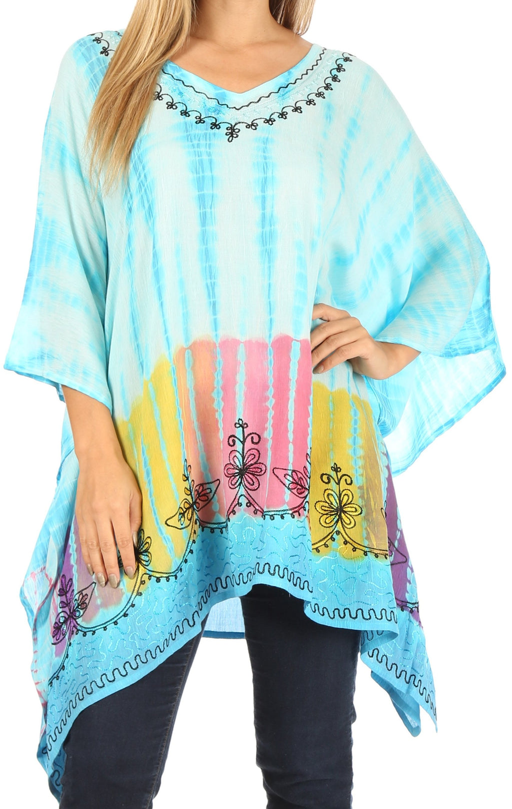 Sakkas Eliana Wide Long Tall Embroidered Tie Dye Ombre Batik Poncho To