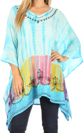 Sakkas Eliana Wide Long Tall Embroidered Tie Dye Ombre Batik Poncho Top Blouse#color_Turquoise
