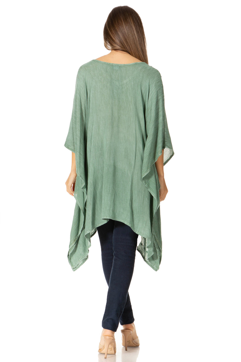 Sakkas Wren Lightweight Circle Poncho Top Blouse With Detailed Embroidery