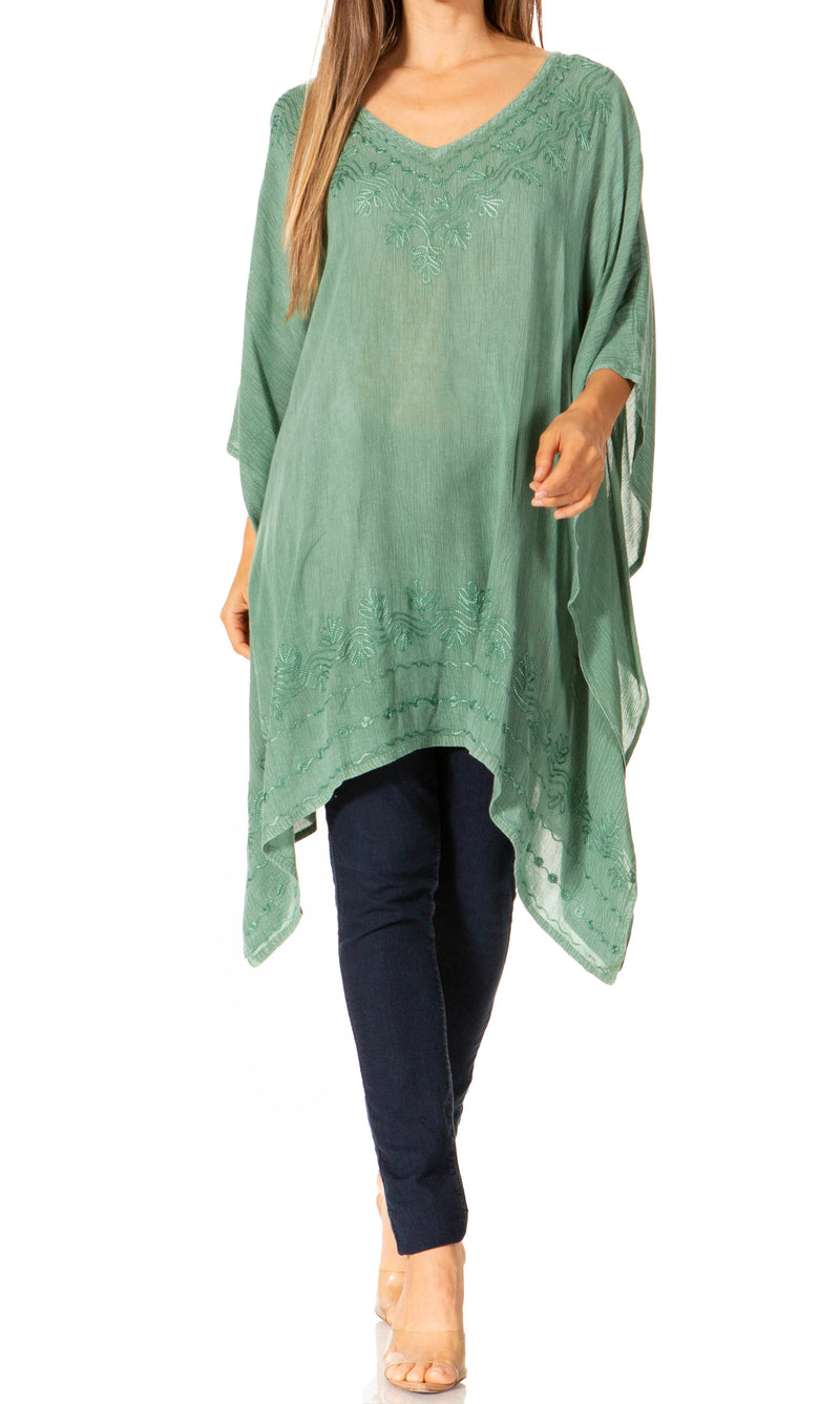 Sakkas Wren Lightweight Circle Poncho Top Blouse With Detailed Embroidery