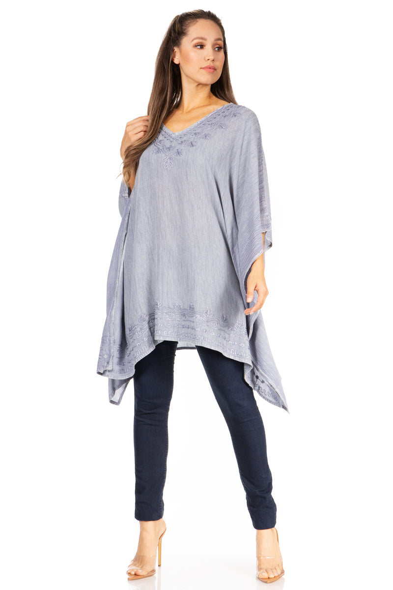 Sakkas Wren Lightweight Circle Poncho Top Blouse With Detailed Embroidery