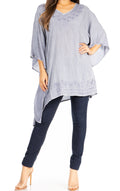 Sakkas Wren Lightweight Circle Poncho Top Blouse With Detailed Embroidery#color_A-Azur