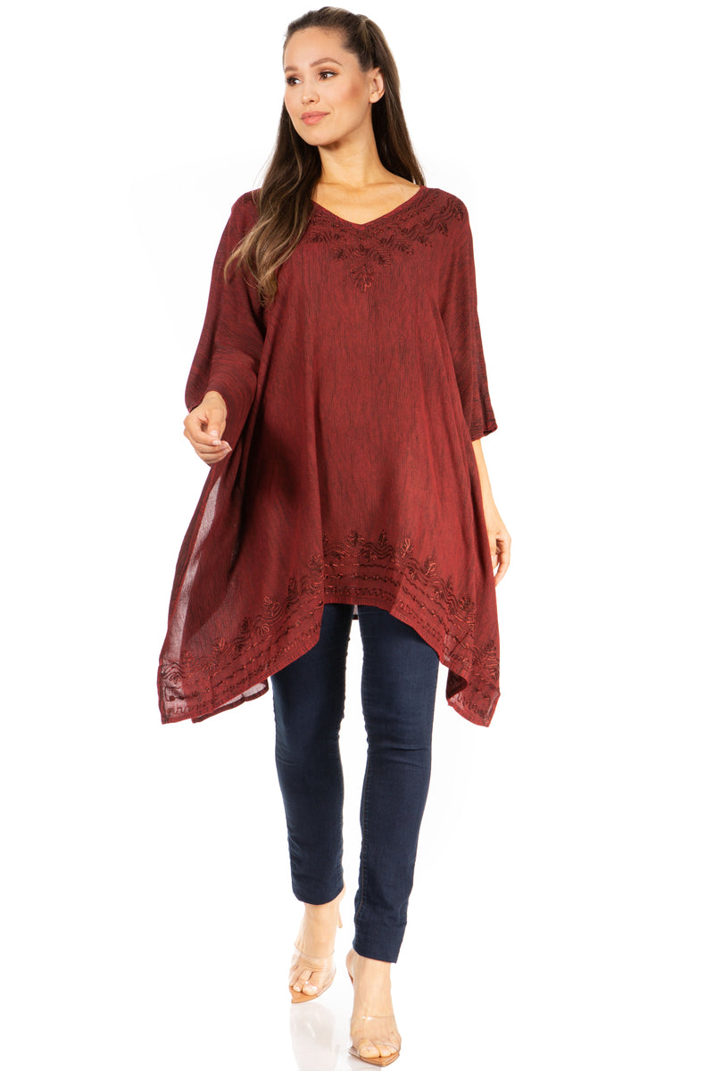 Sakkas Wren Lightweight Circle Poncho Top Blouse With Detailed Embroidery