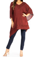 Sakkas Wren Lightweight Circle Poncho Top Blouse With Detailed Embroidery#color_A-Burgundy