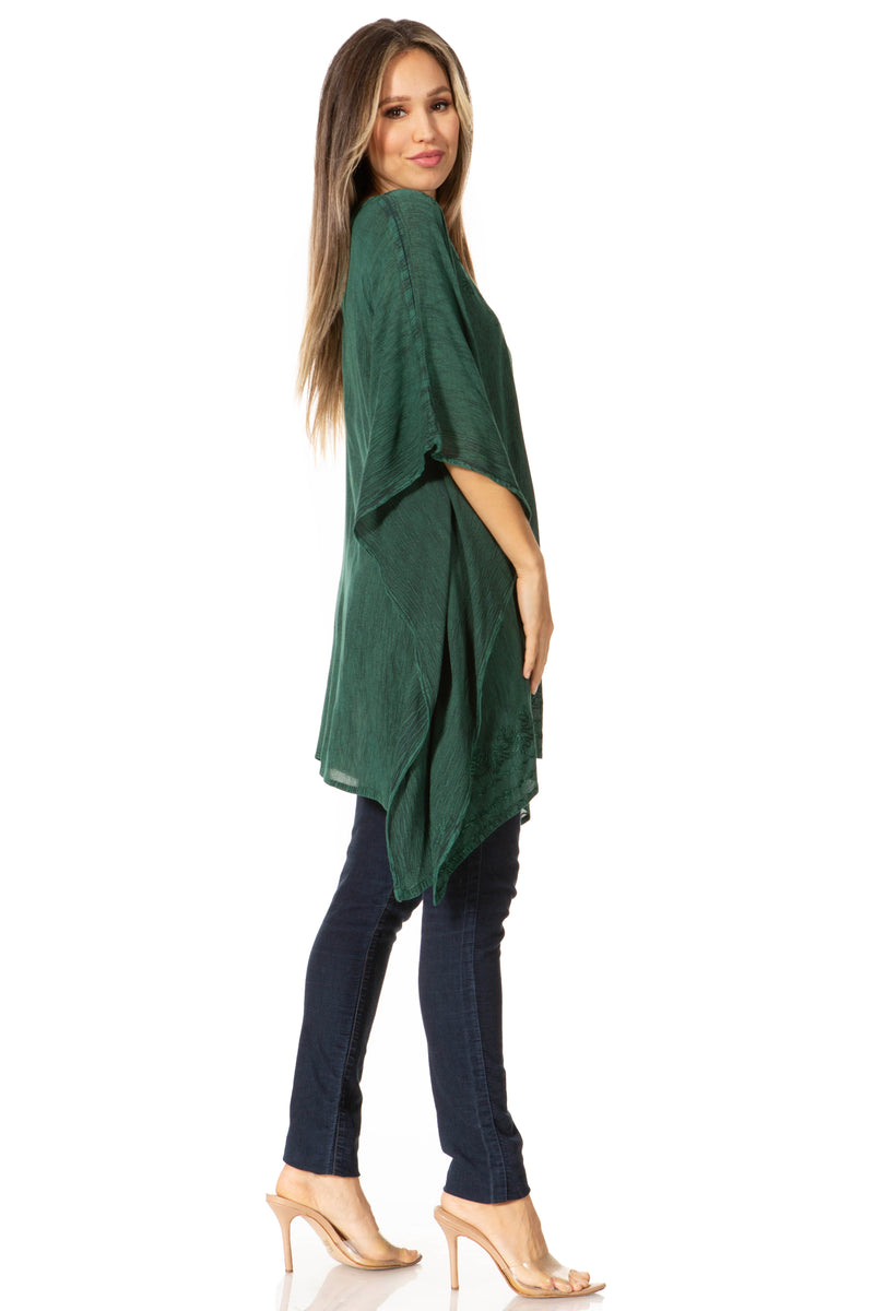 Sakkas Wren Lightweight Circle Poncho Top Blouse With Detailed Embroidery