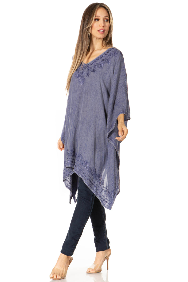 Sakkas Wren Lightweight Circle Poncho Top Blouse With Detailed Embroidery