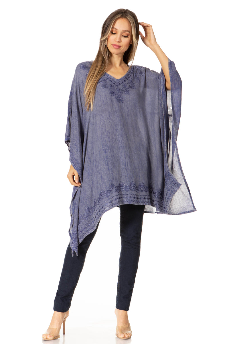 Sakkas Wren Lightweight Circle Poncho Top Blouse With Detailed Embroidery