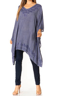 Sakkas Wren Lightweight Circle Poncho Top Blouse With Detailed Embroidery#color_A-Indigo