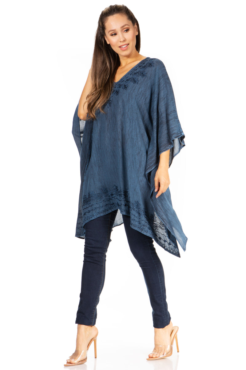 Sakkas Wren Lightweight Circle Poncho Top Blouse With Detailed Embroidery