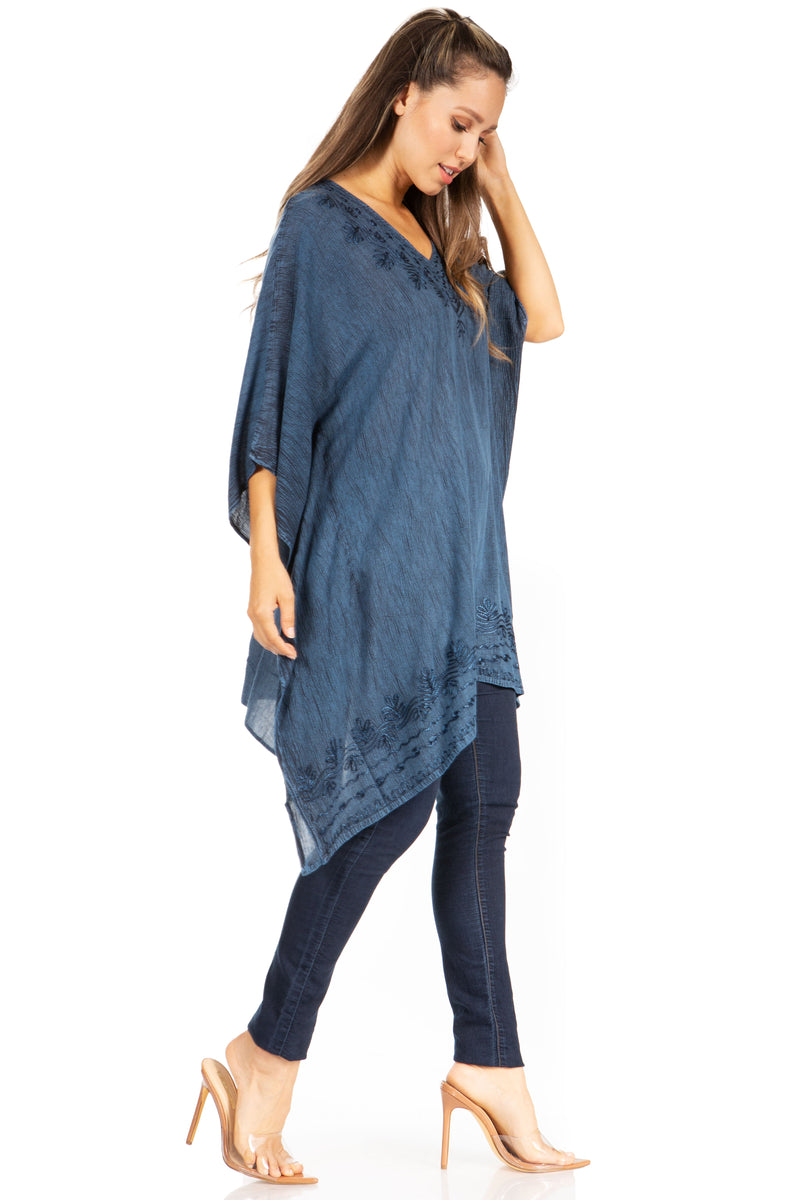 Sakkas Wren Lightweight Circle Poncho Top Blouse With Detailed Embroidery