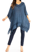 Sakkas Wren Lightweight Circle Poncho Top Blouse With Detailed Embroidery#color_A-MidnightBlue
