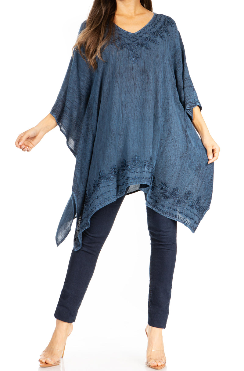 Sakkas Wren Lightweight Circle Poncho Top Blouse With Detailed Embroidery