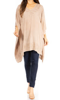Sakkas Wren Lightweight Circle Poncho Top Blouse With Detailed Embroidery#color_A-Oatmeal