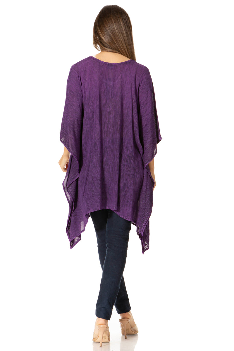 Sakkas Wren Lightweight Circle Poncho Top Blouse With Detailed Embroidery